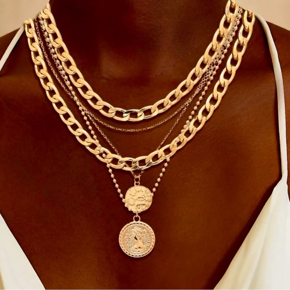 Free People Multi-layer layered Gold cuban Thick Chain Portrait Coin Necklace - Picture 2 of 6